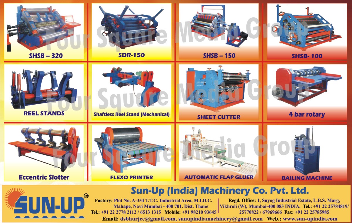 Mechanical Shaftless Reel Stand, Sheet Cutter Machine, Four Bar Rotary Machine, Eccentric Slotter, Flexo Printer, Automatic Flap Gluer, Bailing Machine,Reel Stands, Sheet Cutters, Shaftless Reel Stand, Flap Gluer, Bailing Machines