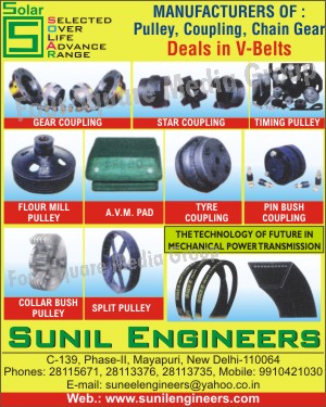 Solar Taper Bush Pulleys, Solar Drum Couplings, Solar Chain Sprockets, Solar Geared Couplings, Solar Pin Bush Couplings, Solar Star Couplings, Solar Tyre Type Couplings, V Groove Pulleys, Split Pulleys, Flat Pulleys, Timing Pulleys, HRC Couplings, Brake Drum Couplings, Vibration Mountings