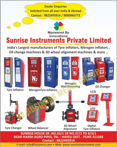 Auto Air Towers, Digital Wheel Balancers, Exhaust Gas Analyser, Smoke Meters, Wheel Alignment Machines, Tyre Changers, Computerized Wheel Balancers, IOCL Air Towers, BPCL Air Towers, HPCL Air Towers, Digital Automatic Tyre Inflators, Tyre Pressure Monitoring Systems, Nitrogen Tyre Inflators, Nitrogen Gas Generators, Two Wheelers Nitrogen Tyre Inflators, 2 Wheelers Nitrogen Tyre Inflators, 3D Wheel Alignment Machines, Oil Change Machines, Nitrogen Wall Mountings