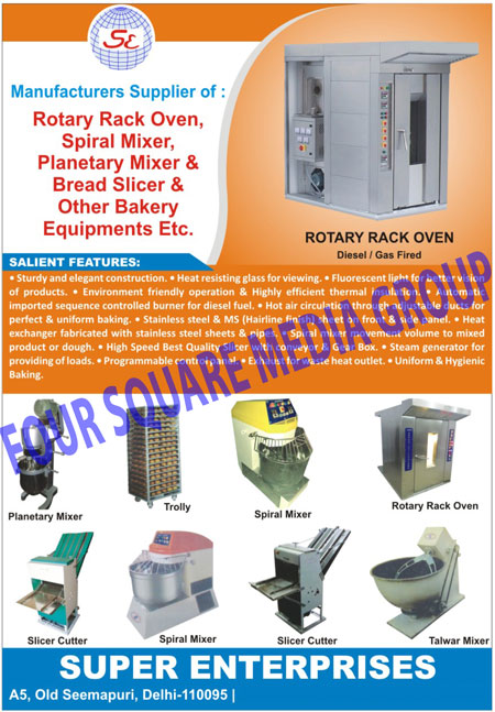 Rotary Rack Ovens, Diesel Rotary Rack Ovens, Gas Fired Rotary Rack Ovens, Spiral Mixers, Planetary Mixers, Bread Slicers, Bakery Equipments, Trollies, Slicer Cutters, Talwar Mixers