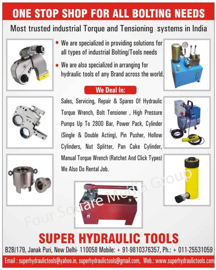 Hydraulic Torque Wrench, bolt Tensioner, High Pressure Pumps, Power Pack, Single Acting Cylinder, Double Acting Cylinder, Pin Pusher, Hollow Cylinder, Nut Splitter, Pan Cake Cylinder, Manual Torque Wrench, Ratchet Type Manual Torque Wrench, Click Type Manual Torque Wrench