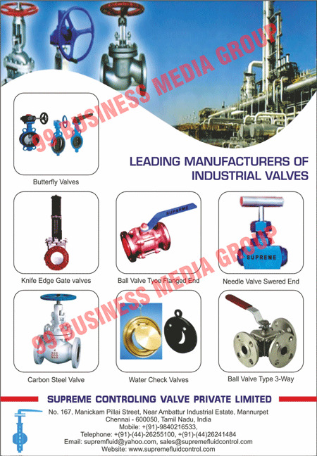 Industrial Valves, Butterfly Valves, Knife Edge Gate Valves, Ball Valve Type Flanged Ends, Needle Valve Swered Ends, Carbon Steel Valves, Water Check Valves, Ball Valve Type 3-Ways