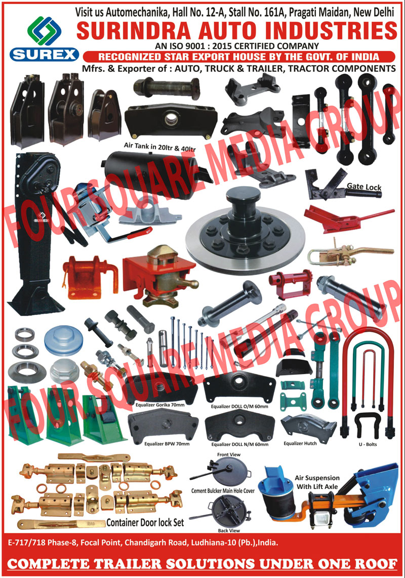 Automotive Components, Truck Components, Trailer Components, Tractor Components, Lift Axle Suspension, U Bolts, Equalizers, Air Tanks, Container Door Lock Sets, Gate Locks