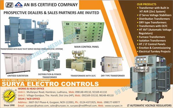 Transformers, Main Control Panels, Dry Type Transformers, Unitised Substations, Distribution Transformers, Power Transformers, LT Automatic Voltage Regulators, LT Servo Voltage Stabilizers, Automatic Voltage Regulators, Furnace Transformers, Isolation Transformers, HT Control Panels, LT Control Panels, Electrical Turnkey Projects, Transformers With OLTC, HT Automatic Voltage Regulators, Automatic Voltage Regulators HT AVT, Electrical Panels