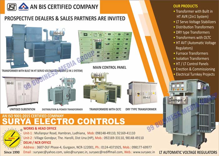 Transformers, Main Control Panels, Dry Type Transformers, Unitised Substations, Distribution Transformers, Power Transformers, LT Automatic Voltage Regulators, LT Servo Voltage Stabilizers, Automatic Voltage Regulators, Furnace Transformers, Isolation Transformers, HT Control Panels, LT Control Panels, Electrical Turnkey Projects, Transformers With OLTC, HT Automatic Voltage Regulators, Automatic Voltage Regulators HT AVT