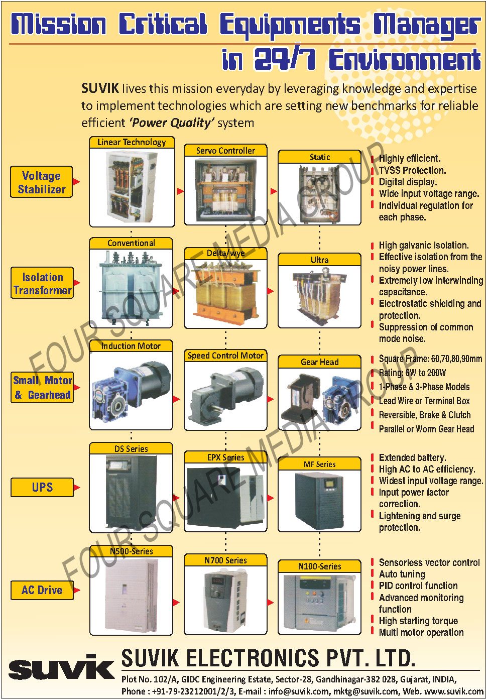 Voltage Stabilizers, Isolation Transformers, Gear Heads, Induction Motors, Speed Control Motors, UPS, AC Drives