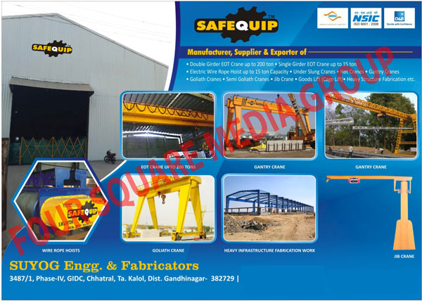 Double Grinder EOT Cranes, Single Grinder EOT Cranes, Electric Wire Rope Hoist, Under Slung Cranes, HOT Cranes, Gantry Cranes, Goliath Cranes, Semi Goliath Cranes, JIB Cranes, Goods Lifts, Cage Lifts, Heavy Structure Fabrication Services