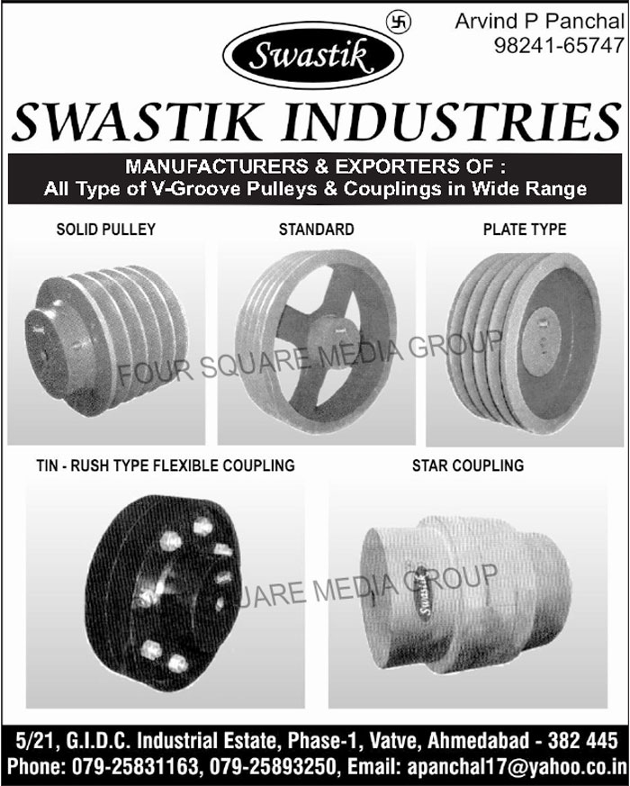 V Groove Pulleys, V Groove Couplings, Star Couplings, TIN Rush Type Flexible Couplings, Solid Pulleys, Plate Type Pulleys