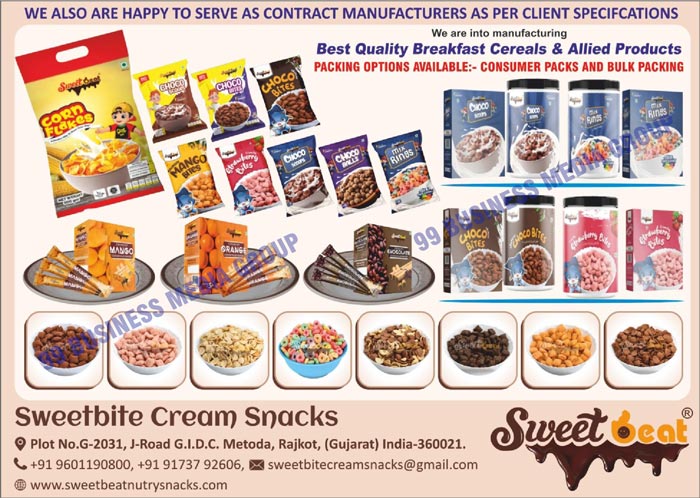 Breakfast Cereals, Consumer Packs, Bulk Packings, Corn Flakes, Choco Bites, Choco Balls, Choco Scoops, Strawberry Bites, Mango Bites, Mix Rings, Oranges, Chocolate