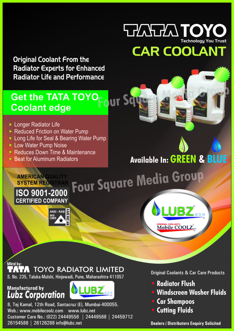 Car coolant, radiator flush, windscreen washer fluids, car shampoos, cutting fluids