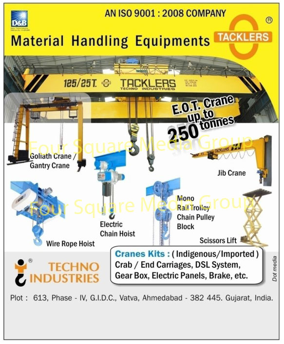 Material Handling Equipments, Gantry Cranes, Goliath Cranes, Electric Chain Hoists, Jib Cranes, Mono Rail Trolley, Chain Pulley Blocks, Scissors Lifts, Wire Rope Hoists, Gantry Cranes, Crane Kits, Crane Gear Boxes, Crane Brakes, Crane DSL Systems, Crane End Carriages, Crane Crab Carriages, Construction Equipments, Mini Hoists, Suspended Platforms, Tower Cranes, EOT Hot Cranes, Construction Elevators, Crane Kits, Crab Carriages, End Carriages, Crane kit DSL systems, Crane Gear Boxes, Crane Electric Panels, Crane Brakes ,Automotive Trolleys, Heavy Duty Trolley, Motorized Trolleys, trolley, EOT Cranes