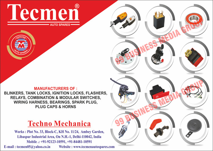 Blinkers, Tank Locks, Ignition Locks, Flashers, Relays, Combination Switches, Modular Switches, Wiring Harness, Bearings Spark Plugs, Plug Caps, Horns, Auto Spare Parts