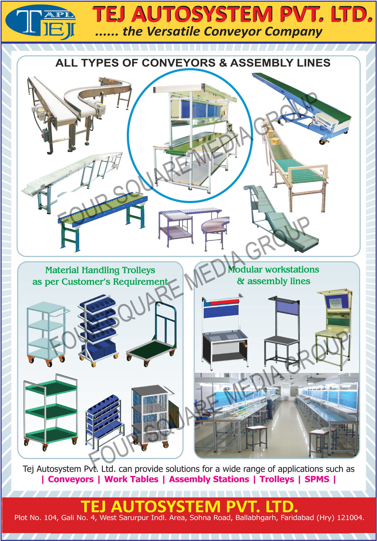 Converised Assembly Lines, Modular Workstations, Modular Assembly Lines, Material Handling Trolleys, Conveyor Lines, Conveyors, Work Tables, Assemblies Stations, Trolleys, SPMS, Converised Assemblies Line, Assemblies Lines