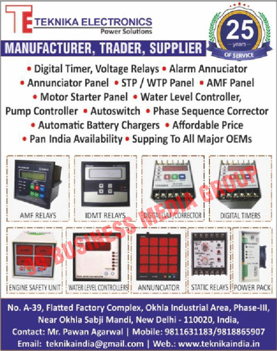 Micro Processor Based AMF Units, VAF Micro Processor Based Digital Meters, Static Relays, Current Relays, Earth Leakage Relays, Annunciation Units, DG Synchronising Relays, Engine Safety Units, Load Sharing Relays, Digital Timers, Voltage Relays, Alarm Annunciators, Annunciator Panels, Water Level Controllers, Pump Controllers, Auto Switches, Phase Sequence Correctors, Automatic Battery Chargers, Affordable Prices, OEMs, AMF Relays, IDMT Relays, Digital LVMs, Correctors, Engine Safety Units, Annunciator Panels, Static Relays, Power Packs, WTP Panels, STP Panels, AMF Panels, Motor Starter Panels