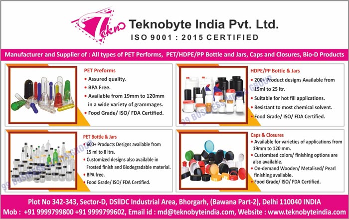 Pet Preforms, PET Bottles, Pet Jars, HDPE Bottles, HDPE Jars, PP Bottles, PP Jars, Plastic Bottle Caps, Plastic Bottle Closures, BIO D Products, Plastic Caps, Plastic Closures, Plastic Jar Caps, Customised Bottles, Customized Jars