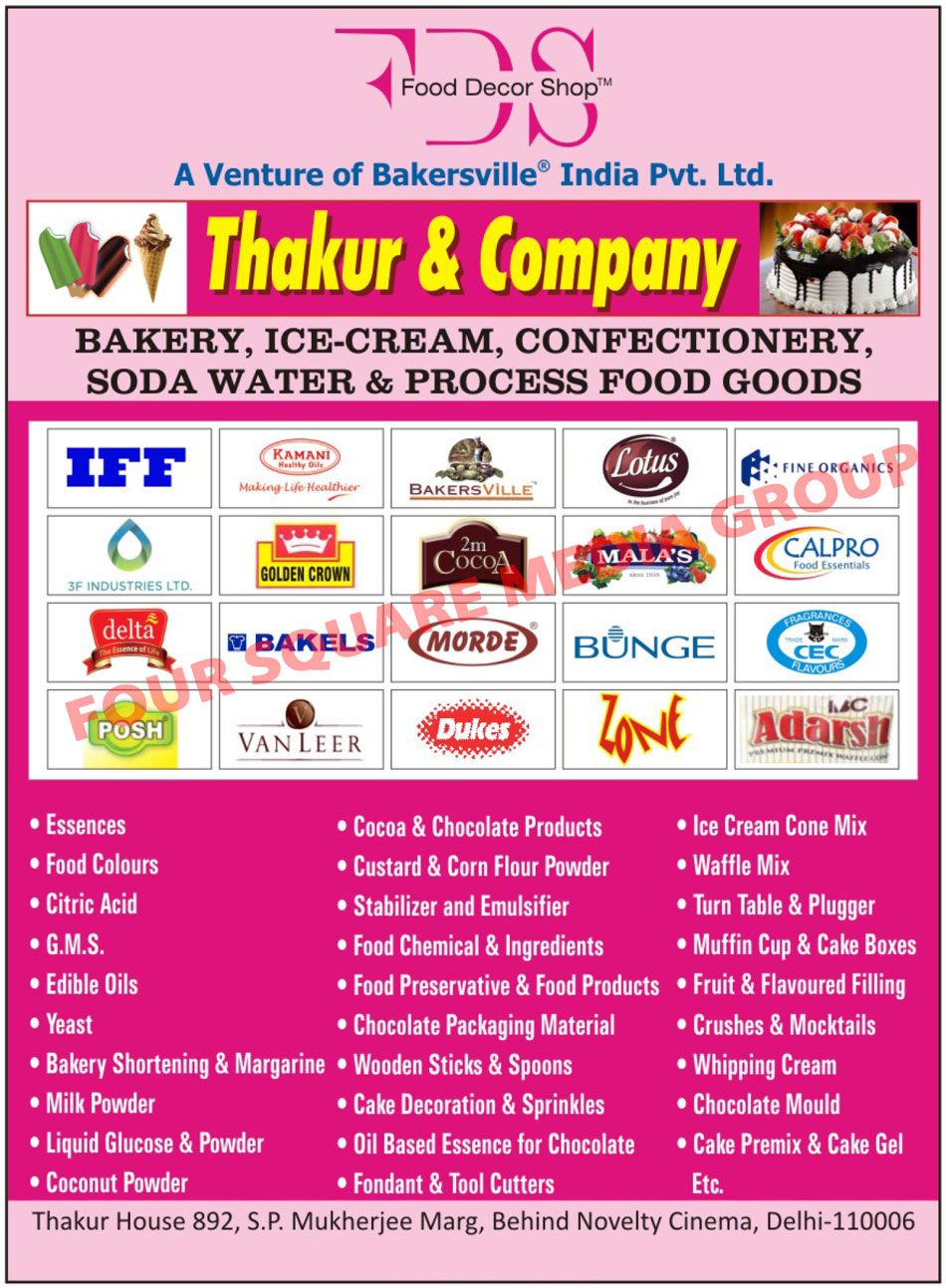 Bakery Goods, Ice Cream Goods, Confectionery Goods, Soda Water Goods, Process Food Goods, Essences, Food Colours, Food Colors, Citric Acid, GMS, Edible Oils, Yeast, Bakery Shortening, Bakery Margarine, Milk Powder, Liquid Glucose, Liquid Powder, Coconut Powder, Cocoa Products, Chocolate Products, Custard Powder, Corn Flour Powder, Stabilizer, Emulsifier, Food Chemicals, Food Ingredients, Food Preservative, Food Products, Chocolate Packaging Materials, Wooden Sticks, Wooden Spoons, Cake Decoration, Sprinkles, Chocolate Oil Based Essence, Fondant Cutter, Tool Cutter, Ice Cream Cone Mix, Waffle Mix, Turn Table, Plugger, Muffin Cup, Cake Boxes, Fruit Filling, Flavoured Filling, Flavored Filling, Crushes, Mocktails, Whipping Cream, Chocolate Moulds, Cake Premix, Cake Gel