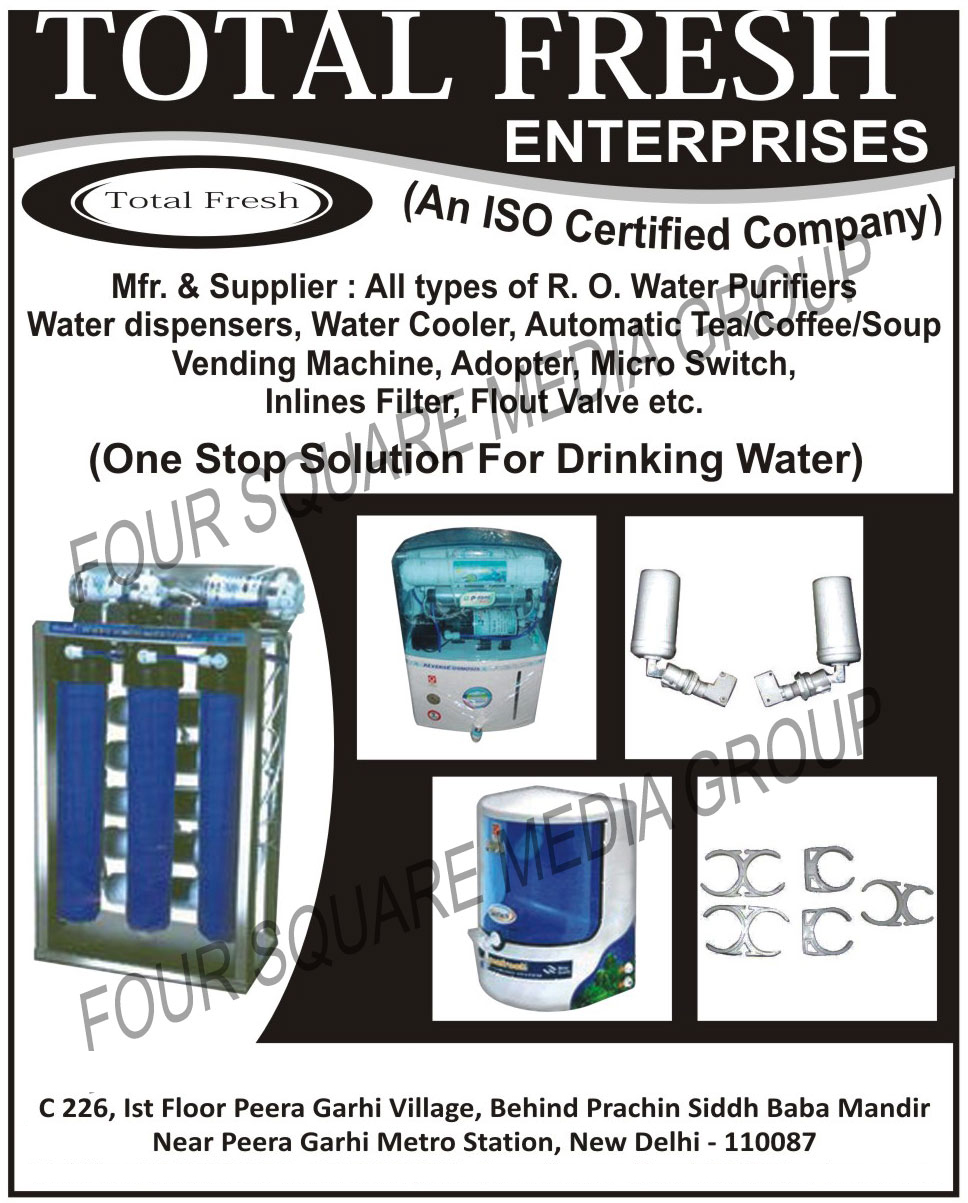 Reverse Osmosis Water Purifiers, Water Dispensers, Water Cooler, Tea Vending Machines, Coffee Vending Machines, Soup Vending Machines, Reverse Osmosis Flout Valves, Reverse Osmosis Water Purifiers, Reverse Osmosis Inline Filters, Reverse Osmosis Micro Switches,R.O Water Purifiers, Automatic Tea Vending Machines, Adopter, Micro Switch, Flout Valve