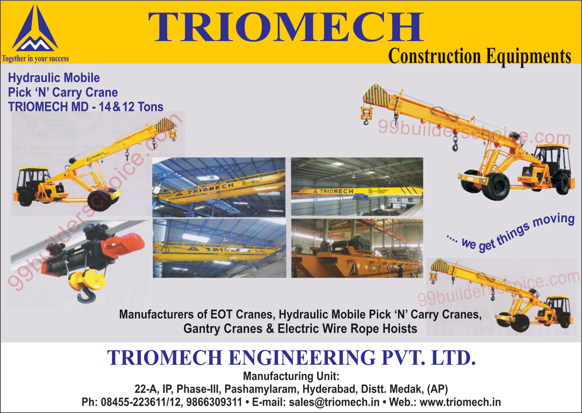 EOT Cranes, Hydraulic Mobile Pick N Carry Cranes, Gantry Cranes, Electric Wire Rope Hoists, Construction Equipments