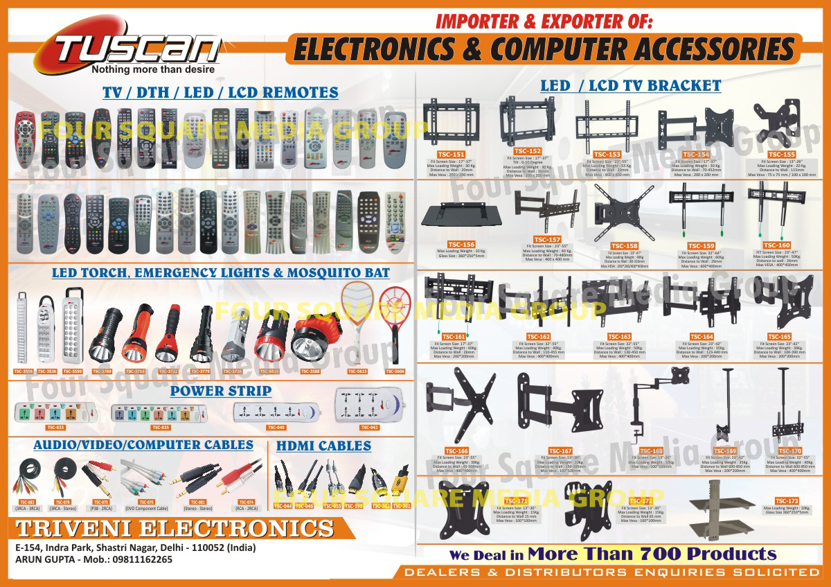 TV Remotes, LED TV Stands, Audio Video Cables, Audio Cables, Video Cables, HDMI Cables, VGA Cables, Computer Accessories, Speakers, Woofers, Piezo Tweeters, Power Strips, Rechargeable Led Torch, Emergency Lights, Computer Mouse, Keyboards, Mosquito Rackets, Led Lanterns, AA Carbon Battery Cells, AAA Carbon Battery Cells, AA Rechargeable Battery Cells, AAA Rechargeable Battery Cells, Button Batteries, Power Adapters, Speaker Cables, Audio Video Selectors, Audio Selectors, Video Selectors, Computer Cables, Mosquito Bats, LED TV Brackets, LCD TV Brackets, DTH Remotes 