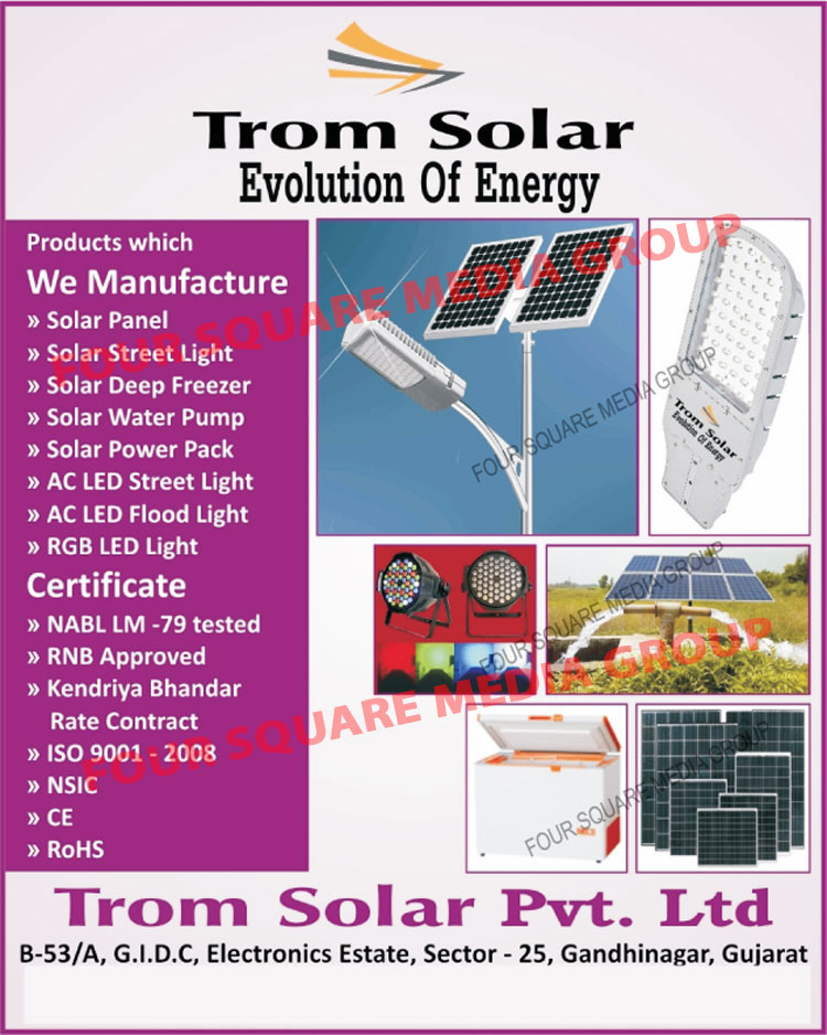 Solar Panels, Solar Street Lights, Solar Deep Freezers, Solar Water Pumps, Solar Power Packs, AC Led Street Lights, AC Led Flood Lights, RGB Led Lights