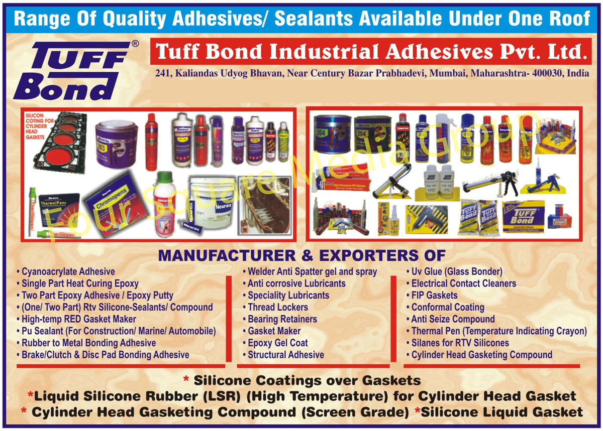 Industrial Adhesives, Anti Spatter Gel, Butyl Tape, Cylinder Head Gasket Compound, Electrical Contact Cleaner, Epoxy Gel Coat, Flash Butt Welding Compound, Gasket Remover, Liquid Gasket Sealant, Noise Dampening Strip, Polyurethane Sealant, Silicone Sealant, Temperature Indication Crayons