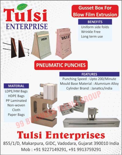 Pneumatic Punches, Blow Film Extrusion Gusset Boxes, LDPE Bags, HM Bags, HDPE Bags, PP Laminated Bags, Non-Woven Bags, Cloth Bags, Paper Bags