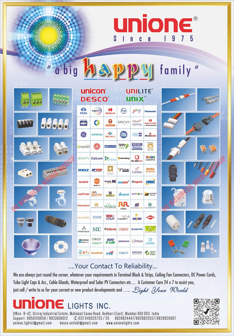 Terminal Blocks, Terminal Strips, Ceiling Fan Connectors, DC Power Cords, Tube Light Caps, Tube Light Accessories, Cable Glands, Waterproof Connectors, Solar PV Connectors