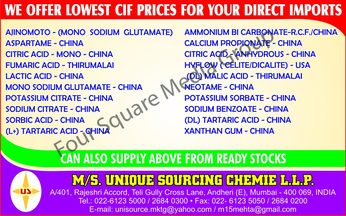 Ajinomoto, Aspartame, Fumaric Acid, Lactic Acid, Sodium Glutamate, Potassium Citrate, Sodium Citrate, Sorbic Acid, Tartaric Acid, Ammonium Bi Carbonate, Calcium Propionate, Hyflow, Malic Acid, Neotame, Potassium Sorbate, Sodium Benzoate, Tartaric Acid, Xanthan Gum,Mono Sodium Glutamate