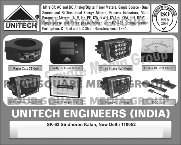 AC Analog Panel Meters, DC Analog Panel Meters, AC Digital Panel Meters, DC Digital Panel Meters, Single Source Energy Meters, Dual Source Energy Meters, Bi Directional Energy Meters, Process Indicators, Multi Function Meters A,Multi Function Meter V,Multi Function Meter HZ,Multi Function Meter PF, Multi Function Meter KW, Multi Function Meter KWH, Multi Function Meter KVArh, Multi Function Meter KVA, Multi Function Meter HH, Multi Function Meter RPM With RS485 Communication Port Options, CT Coils, DC Shunt Resistors, Rasin Cast CT Coils, Volt Dual Meters, HZ Dual Meters, Three Phase KW Meters, 3 Phase KW Meters, Analog DC Volt Meters, Multi Parameter Energy Meters, Reed Frequency, Three Phase Volt Meters, 3 Phase Volt Meters, DC Shunts