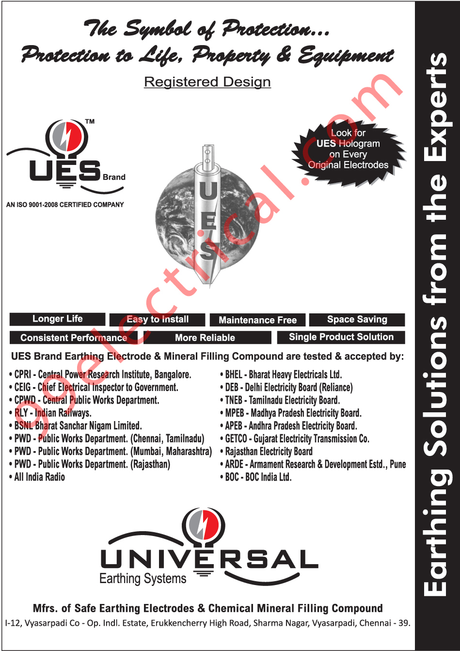 Safe Earthing Electrodes, Chemical Mineral Filling Compounds, Earthing Solutions,Electrical Equipments, Earthing Electrode, Mineral Filling Compound, Lightning Arrestor, Funnel Type, Copper Bonded Rods, GI Electrodes