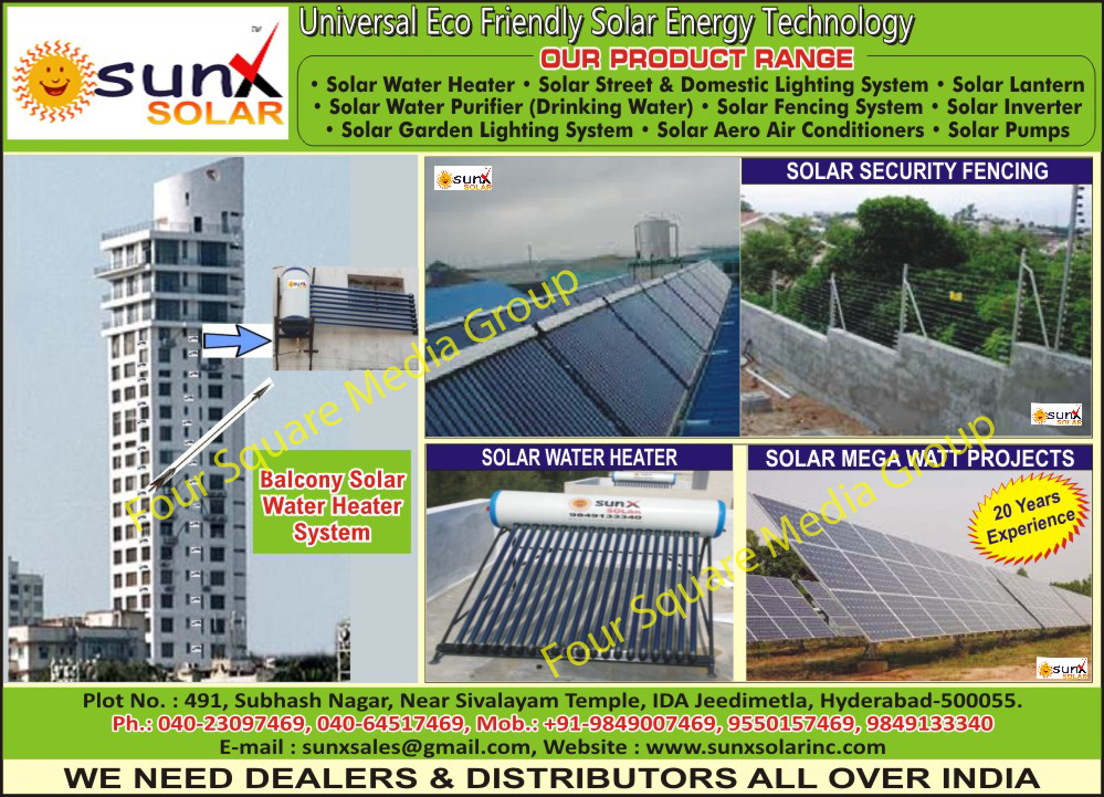 Solar Water Heaters, Solar Mega Watt Projects, Solar Security Fencing, Balcony Solar Water Heater Systems, Solar Street Lighting Systems, Solar Lanterns, Solar Water Purifier, Solar Fencing Systems, Solar Inverter, Solar Garden Lighting Systems, Solar Aero Air Conditioners, Solar Pumps, Solar Domestic Lighting Systems