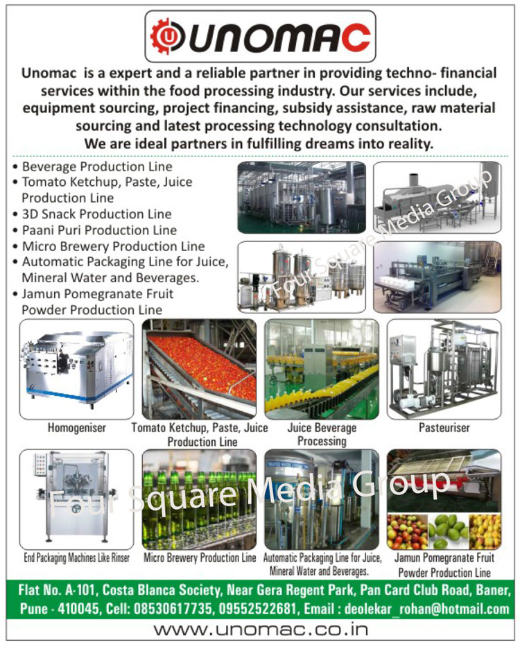 Beverage Production Line, Tomato Ketchup Production Line, Paste Production Line, Juice Production Line, 3D Snack Production Line, Paani Puri Production Line, Micro Brewery Production Line, Juice Packaging Line, Mineral Water Packaging Line, Beverages Packaging Line, Jamun Pomegranate Fruit Powder Production Line, Homogeniser, Juice Beverage Processing, Pasteuriser, End Packaging Machines, Rinser