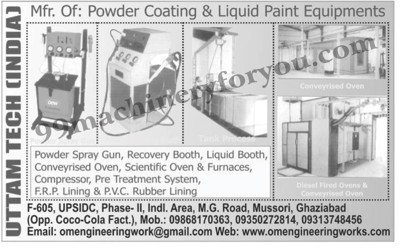 Powder Coating Equipments, Liquid Paint Equipments, Powder Spray Guns, Recovery Booths, Liquid Booths, Conveyrised Ovens, Scientific Ovens, Scientific Furnaces, Pre Treatment Systems, FRP Linings, PVC Rubber Linings,Liquid Paint Equipments, Power Coating Equipments