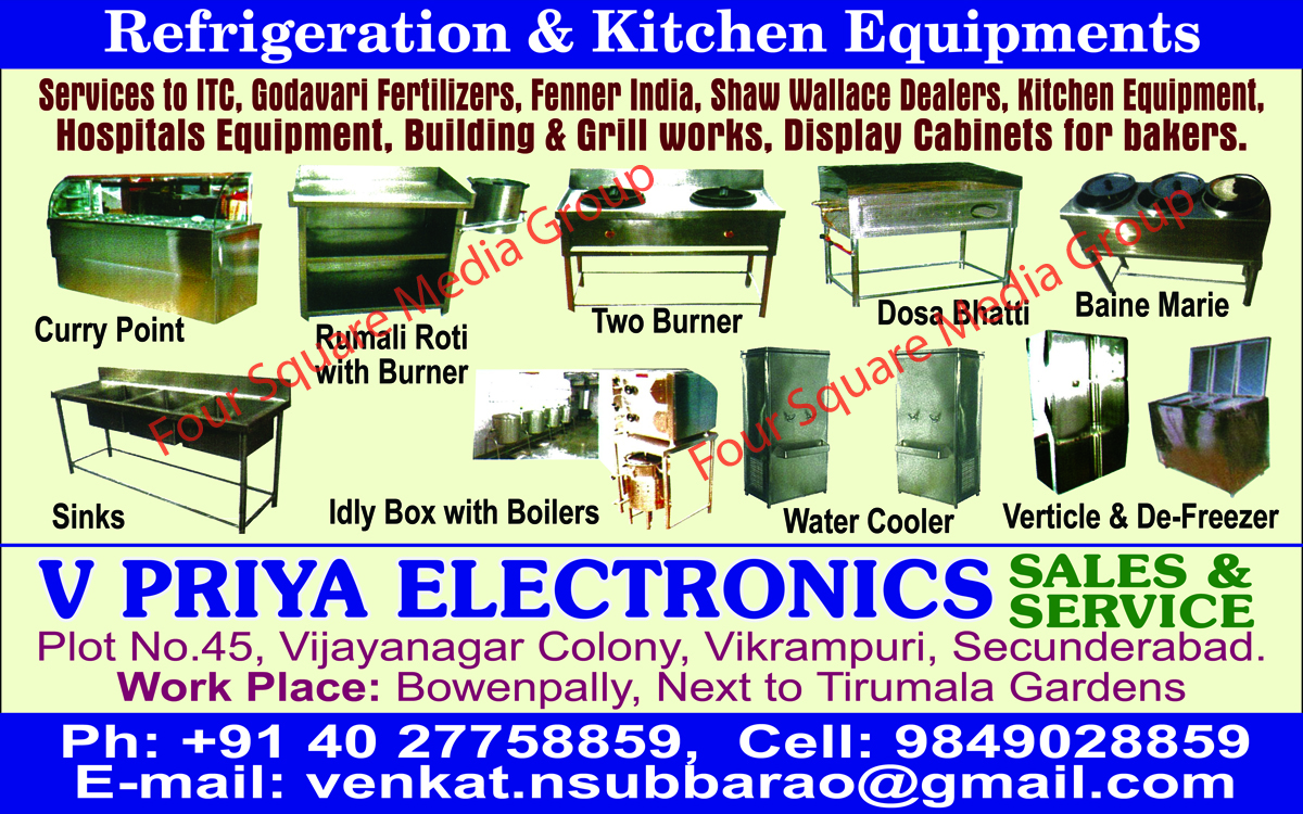 Refrigeration Equipments, Kitchen Equipments, Curry Points, Rumali Roti Burners, Two Burners, Dosa Bhatti, Bane Marie, Sinks, Idly Boxes Boilers, Water Coolers, Vertical Freezers, Deep Freezers, Display Cabinet For Bakers, Hospital Equipments, Building Works, Drill Works, Rumali Chapati Burners,Two Burner, Sinks, Idly Box Boilers, De-Freezer