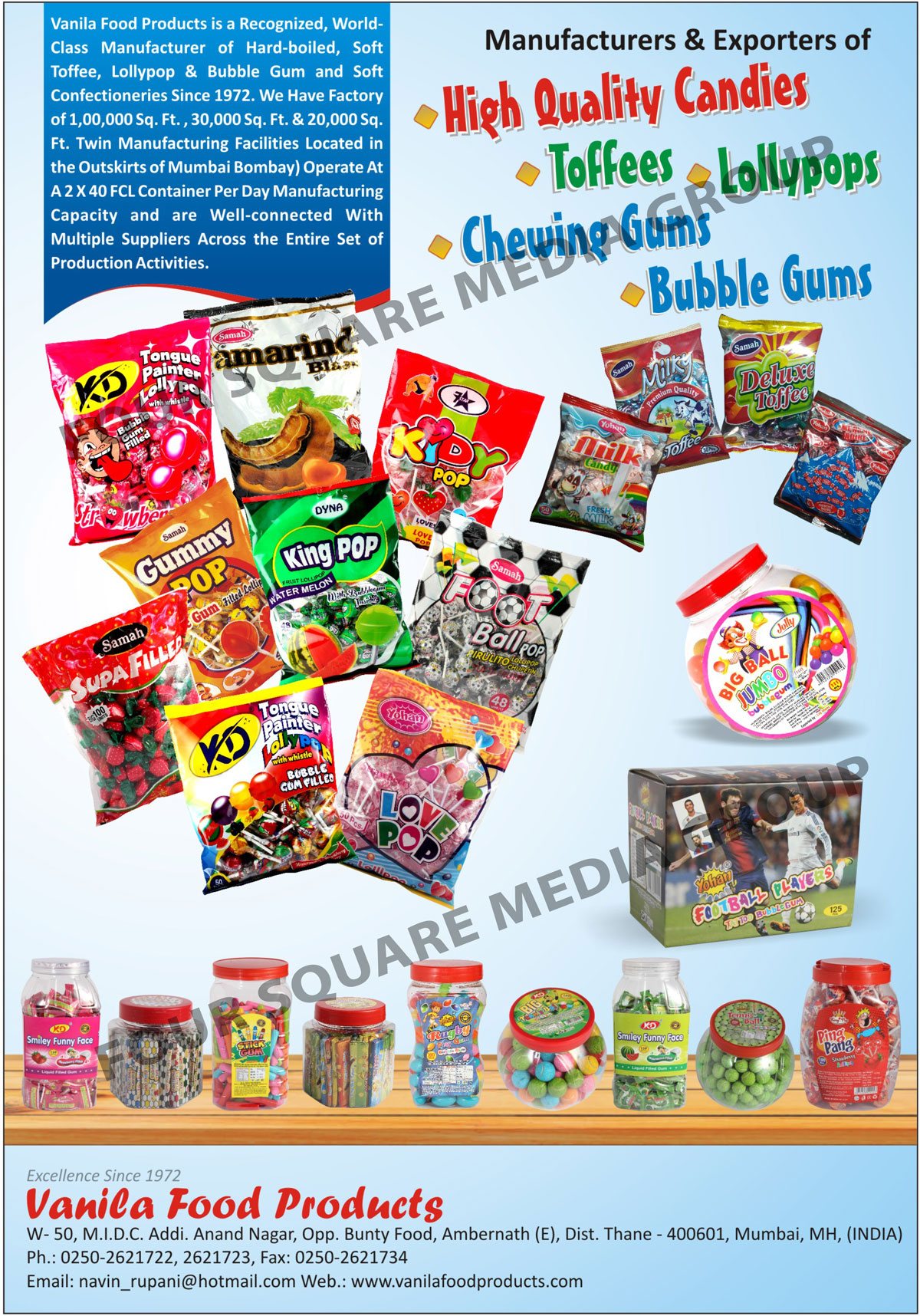 Confectionery Items, Candies, Toffees, Lollypops, Chewing Gums, Bubble Gums, Lollipops