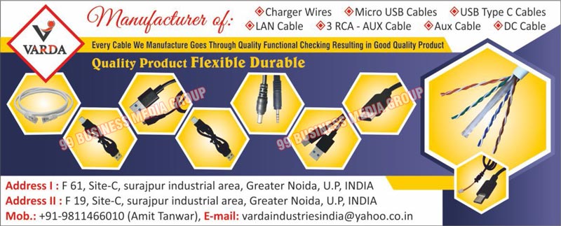 Charger Wires, Micro USB Cables, RCA Cables, 3RCA AUX Cables, DC Cables, USB Type C Cables, Electrical Cables, Electrical Wires, LAN Cables