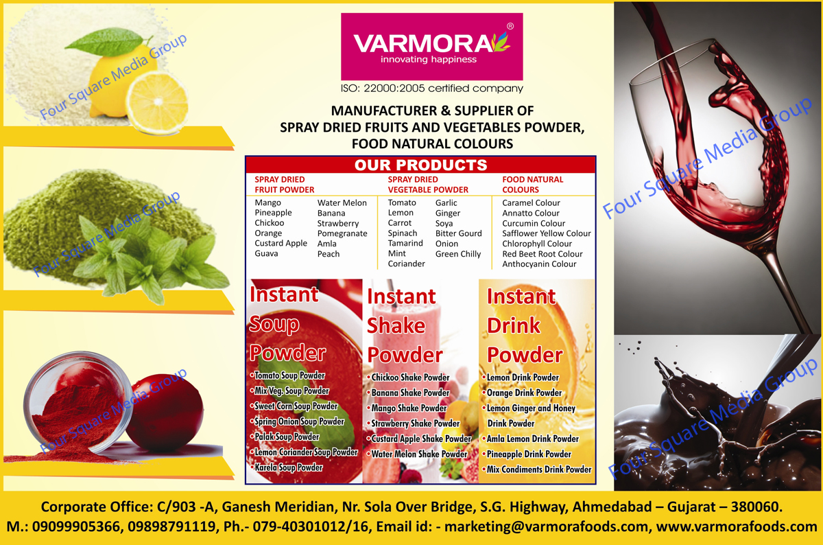 Spray Dried Fruit Powders, Spray Dried Vegetable Powders, Food Natural Colours, Instant Soup Powders, Instant Shake Powders, Instant Drink Powders, Tomato Soup Powders, Mix Vegetable Soup Powders, Sweet Corn Soup Powders, Spring Onion Soup Powders, Palak Soup Powders, Lemon Coriander Soup Powders, Karela Soup Powders, Chickoo Shake Powders, Banana Shake Powders, Mango Shake Powders, Strawberry Shake Powders, Custard Apple Shake Powders, Water Melon Shake Powders, Lemon Drink Powders, Orange Drink Powders, Lemon Ginger Drink Powder, Lemon Honey Drink Powder, Amla Lemon Drink Powder, Pineapple Drink Powder, Mix Condiment Drink Powder