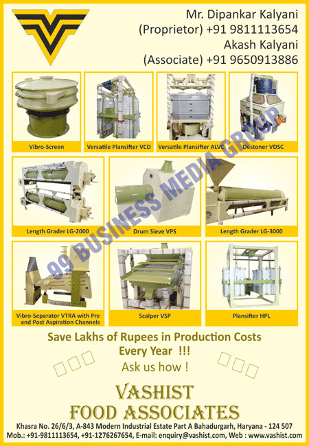 Vibro-Screens, Versatile Plansifters VCD, Versatile Plansifters ALVC, Destoners VDSC, Drum Sieves VPS, Scalpers VSP, Plansifters HPL, Post Aspiration Channels Vibro-Separator VTRA, Scalper VSP