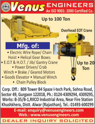 Material Handling Equipments, Goliath Cranes, Single Gird EOT Cranes, Portable Power Winch Machines, Power Winch Machines, Electric Wire Rope Hoists, Jib Cranes, Chain Pulley Blocks, Gantry Cranes, Crab Hoists, Gear Boxes, Crane Duty Motor, Material Handling Equipment Allied Accessories, Chain Hoists, Helical Gear Boxes, Power Driven Winches, Crab Winches, Brake Motors, Geared Motors, Goods Elevators, Manual Winches, Chain Pulley Blocks, Customized Cranes, Hot Cranes,Allied Accessories