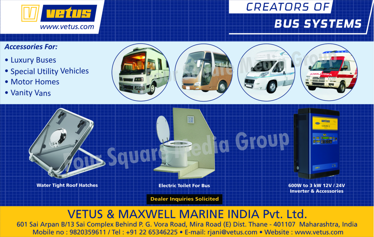 Bus Electric Toilets, Water Tight Roof Hatches, Luxury Bus Accessories, Utility Vehicle Accessories, Motor Home Accessories, Vanity Van Accessories, Bus Inverters, Bus Inverter Accessories, Automotive Accessories