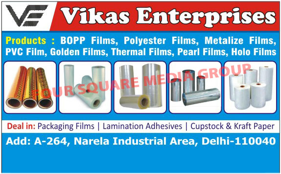 BOPP Films, Polyester Films, Metalize Films, PVC Films, Golden Films, Thermal Films, Pearl Films, Holo Films, Packaging Films, Lamination Adhesives, Cupstocks, Kraft Papers