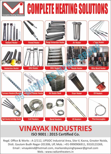 Radiant Heaters, Finned Heaters, Flange Immersion Heaters, Air Heaters, L Type Heaters, Immersion Heaters, AHU Heaters, DHU Heaters, Nozzle Heaters, Mica Bend Heaters, Furnace Heaters, Bundles, Industrial Heaters, Tublar Heatters, Air Heater Banks, Dryer Heaters, Oil Heaters, High Density Cartridge Heaters, Coil Heaters, Bend Heaters, IR Heaters, Thermocouples