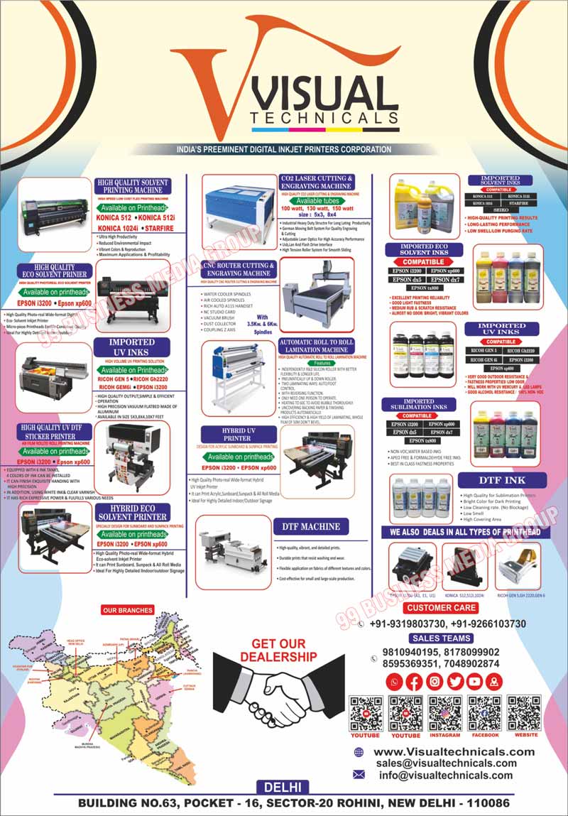 Printing Machines, Inkjet Printers, Solvent Printing Machines, CO2 Laser Cutting Machines, CO2 Laser Engraving Machines, Solvent Inks, Solovent Printers, CNC Router Cutting Machines, CNC Router Engraving Machines, UV Inks, Automatic Roll to Roll Lamination Machines, Sublimation Inks, DTF Inks, Printheads, Printer Heads, Hybrid UV Printers, UV DTF Sticker Printers, Printer Machines