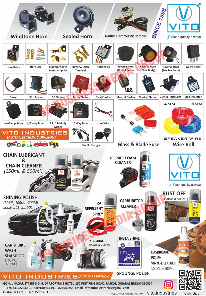 Automotive Electronic Parts, Automotive Brass Clips, Fuses, Mobile Chargers, Horn Wirirngs, Horn Tuners, Horn Relays, Buzzer Flashers, AC Buzzers, DC Buzzers, Automotive Care Products, Chain Lubricants, Shining Polishes, Foam Wash Shampoos, Windtone Horns, Sealed Horns, Double  Horn Wring Harness, Horn Clips, Kinetica Battery Clip Sets, Activa Battery Clip Sets, Battery Terminals, Earth Terminals, Round Body Revers Horns, Chee Body Revers Horns, Tuk Tuk Body Revers Horns, Micro Relays, Buzzers, Bird Buzzers, DC Flashers, Active Flashers, Baja Flashers, Musical Flashers, Flash Lights, Stop Indicators, Headlamp Relays, Way Tunners, Melody Makers, Mobile Chargers, Glass Fuses, Blade Fuses, Wire Rolls, Speaker Wires, Chain Lubricants, Chain Cleaners, Helmet Foam Cleaners, Shining Polishes, Car Wash Shampoos, Bike Wash Shampoos, Rat Repellent Spreys, Carburetor Cleaners, Spounge Ploshes, Rust Offs, Dashboard Polish Vinyls, Dashboard Polish Leathers