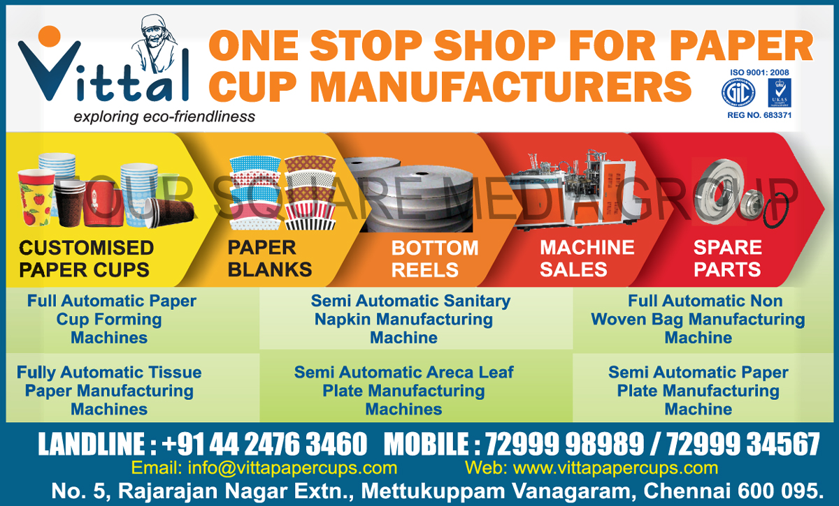 Customized Paper Cups, Paper Blanks, Bottom Reels, Paper Cup Forming Machines, Sanitary Napkin Manufacturing Machines, Non Woven Bag Manufacturing Machines, Tissue Paper Manufacturing Machines, Areca Leaf Plate Manufacturing Machines, Paper Plate Manufacturing Machines, Paper Cup Machine Spare Parts,Paper Cups, Tea Cup Machines, Napkins Machines, Tissue Machine, Paper Cups Machine, Paper Plates, Non Woven Bags