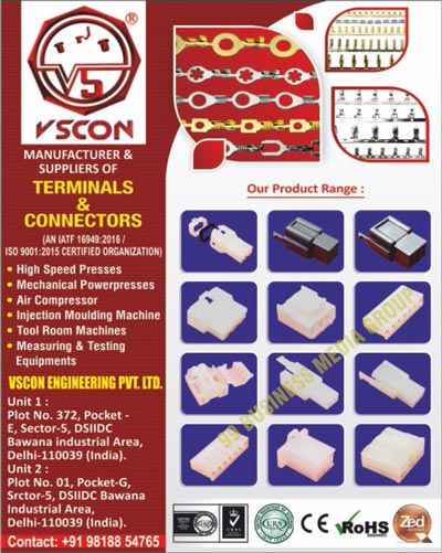 Wire Terminals, Eyelets, Eyeleted Tags, Earthing Tags, Riveting Compounds, Sheet Metal Job Works, Progressive Tools Designing Services, Sheet Metal Job Works, Terminals, Connectors, Precision Auto Wire Terminals, Tags, High Speed Presses, Mechanical Powerpresses, Air Compressors, Injection Moulding Machines, Tool Room Machines, Measuring Equipments, Testing Equipments