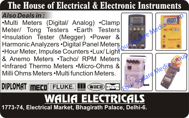 Electrical Instruments, Electronic Instruments, Analog Multimeter, Digital Multimeter, Tong Testers, Clamp Meters, Earth Testers, Insulation Testers, Power Analysers, harmonic Analysers, Digital Panel Meters, Hour Meters, Impulse Counters, Anemometers, Lux Meters, Light Meters, Tacho Meters, RPM Meters, Infrared Thermo Meters, Micro Ohms Meters, Milli Ohms Meters, Multi Function Meters, Megger