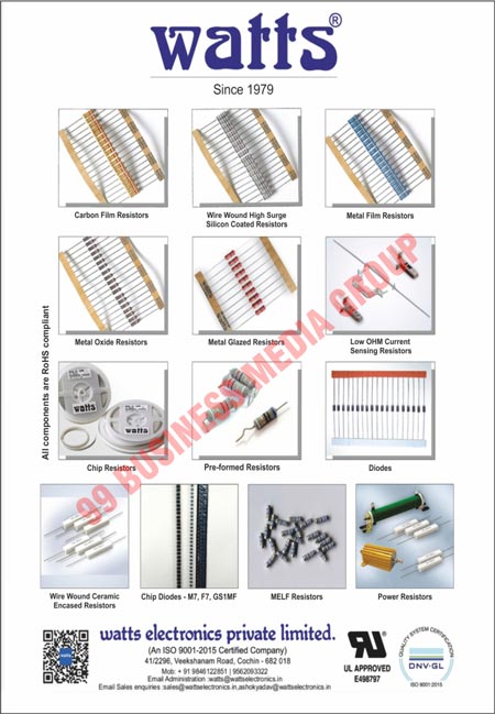 Carbon Film Resistors, Wire Wound High Surge Silicon Coated Resistors, Metal Film Resistors, Metal Oxide Resistors, Metal Glazed Resistors, Low OHM Current Sensing Resistors, Chip Resistors, Pre-formed Resistors, Diodes, Wire Wound Ceramic Encased Resistors, Chip Diodes, Melf Resistors Power Resistors