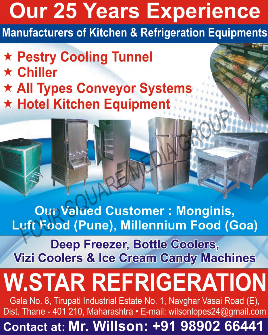 Kitchen Equipments, Refrigeration Equipments, Pastry Cooling Tunnels, Chillers, Conveyor Systems, Hotel Kitchen Equipments, Deep Freezers, Bottle Coolers, Vizi Coolers, Ice Cream Candy Machines,Pestry Cooling Machines