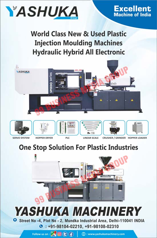 Used Plastics, Injection Moulding Machines, Hydraulic Hybrid Electronics, Servo Systems, Hopper Dryers, PLCs, Linear Scales, Crushers, Grinders, Hopper Loaders